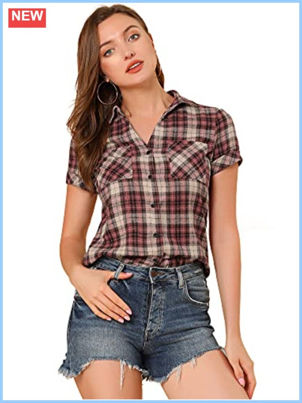 Women's Plaid Button Down Western Short Sleeve Cotton Shirt